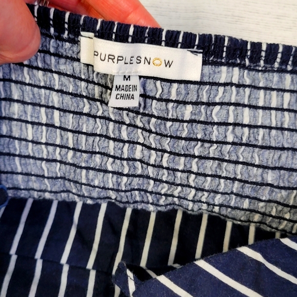 Purple Snow Mini Dress Smocked Blue White Striped Front Tie Sundress Sz M - Picture 9 of 12